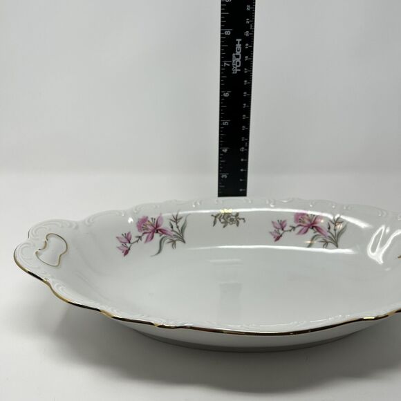 Fine Bohemian China Oval Serving Bowl 13" Long Pink Lily Gold Czechoslovakia Vtg - Picture 7 of 7